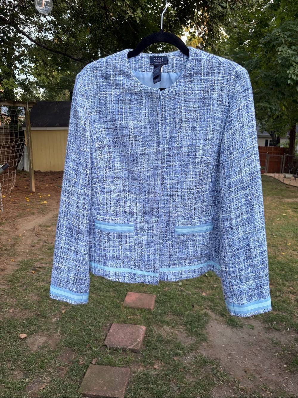 Crazy Horse Liz Claiborne Women’s L Blue Bouclé Tweed Jacket Collarless Blazer